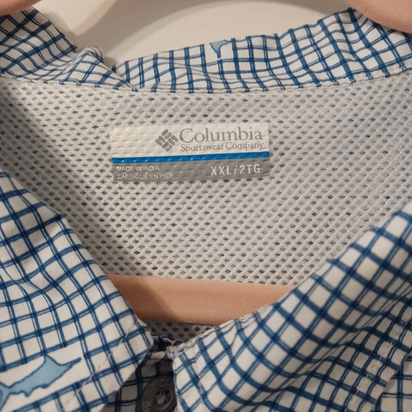 Columbia Men's Size XXL 2X PFG Short Sleeve Cotton Blue Check and Fish Pattern - Picture 4 of 9